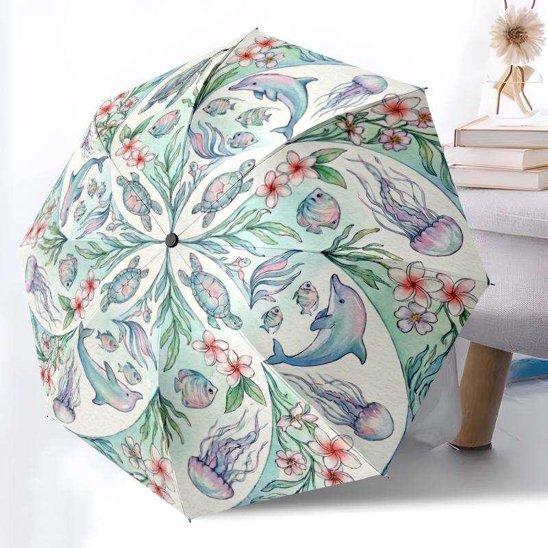 1pc Sturdy 8-Bone Auto Umbrella, Ethereal Axolotl Aurora Bloom Umbrella, Digital Printed, Foldable Umbrella for On-the-Go Outdoor Use