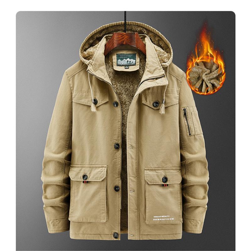 Winter Men's Cotton Coat Plus Velvet and Thickened Coat, Work Jacket, Multi-pocket Hooded Top Coat