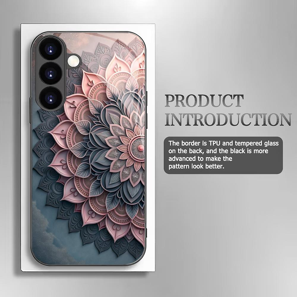 Mandala Flower Tempered Glass Phone Case Suitable for Samsung Galaxy S26 S25 S24 S22 S21 S20 FE/Ultra/Plus Anti Drop Back Cover