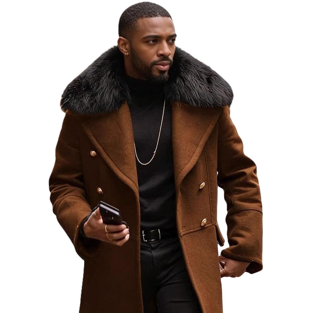 Men's Plus Size Double-Breasted Fur Collar Wool Coat