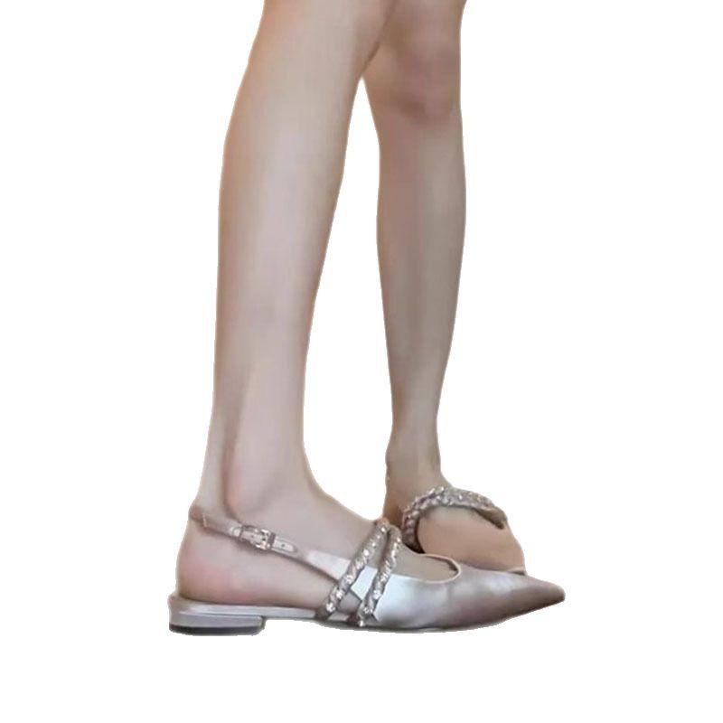 Pink bag head sandals women's summer wear 2025 new fashion high-end sense rhinestone word with pointed head flat shoes