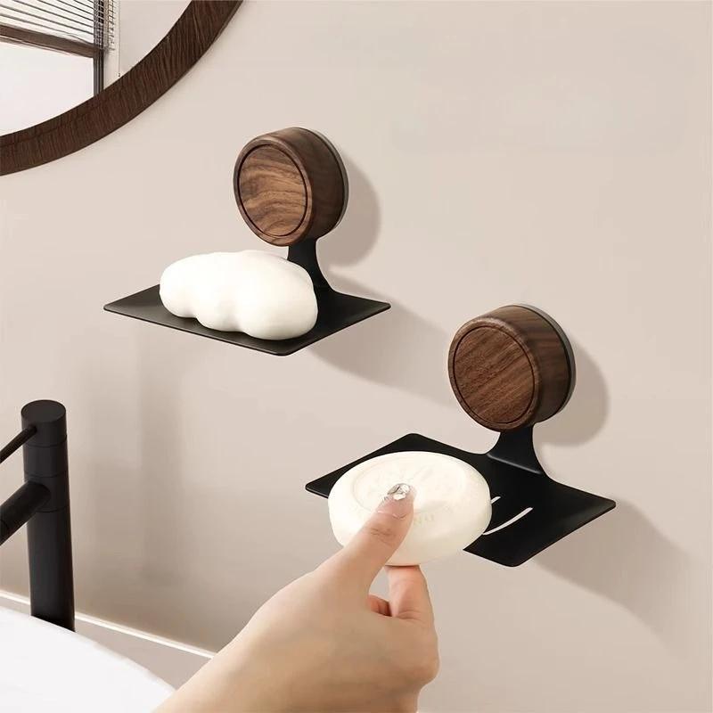 Nordic Style No Need To Drill Holes Wall-mounted Walnut Wood Soap Dish Suction Cup Soap Box  Bathroom Toilet Draining Soap Rack