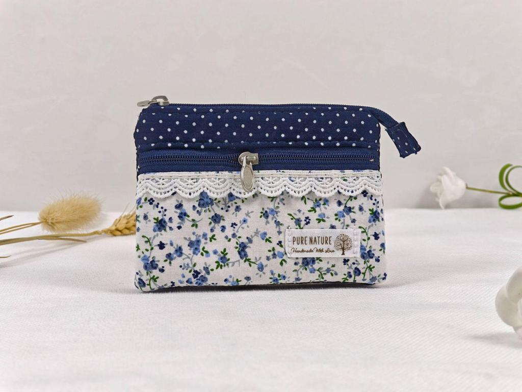 Handmade Countryside Fabric Double Zipper Coin Purse & Key Holder for Women