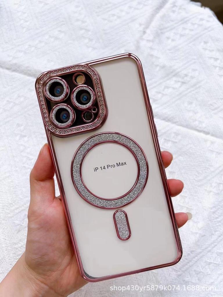 Anwendbar auf Apple IPhone 15 Seite Diamant Magnetische Saug Handyhülle Gold Integrierter Glitzer Versiegeltes Kamera Diamant Etui