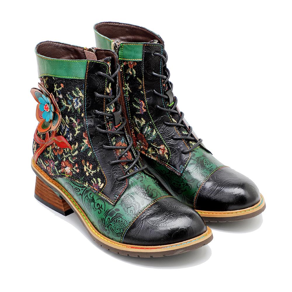 Johnature Plateaustiefel aus echtem Leder, Schnür-Damenschuhe, Blumenmuster, runde Zehen, Nähen, Prägung, Stiefeletten