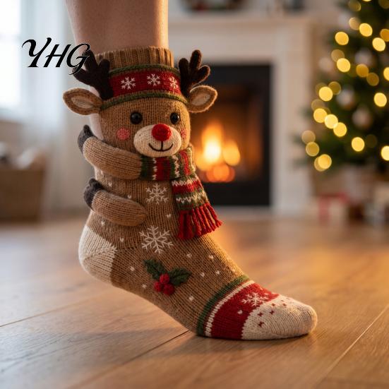 Reusable Thick Fabric Stocking 3D Hugging Christmas Stockings for Fireplace Decorations,Large Knit Holiday Gift Decoration Bags with Santa/Elk/Snowman