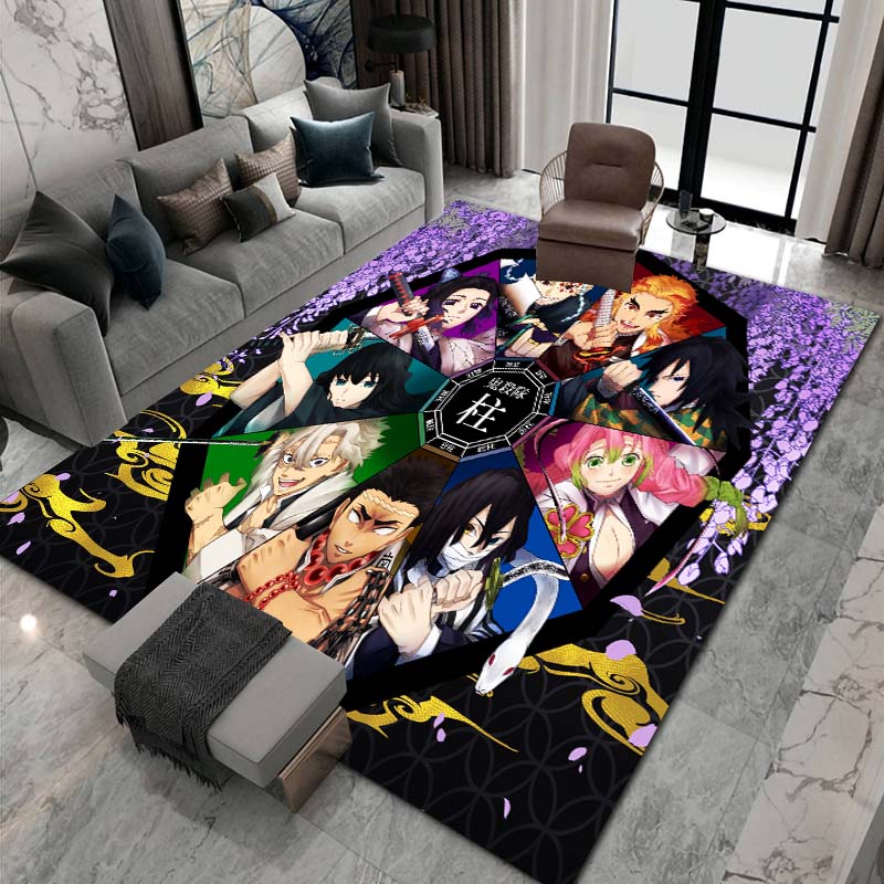 Cute cartoon Kimetsu no Yaiba rug, suitable for playrooms, bedrooms, living rooms, sofas, and other home décor; non-slip rug for