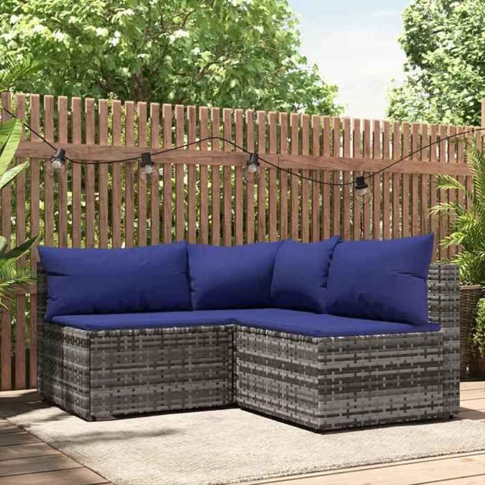 VidaXL Salon de jardin 3 pcs avec coussins Gris Résine tressée, ensemble de salon d'extérieur, ensemble de mobilier 319844