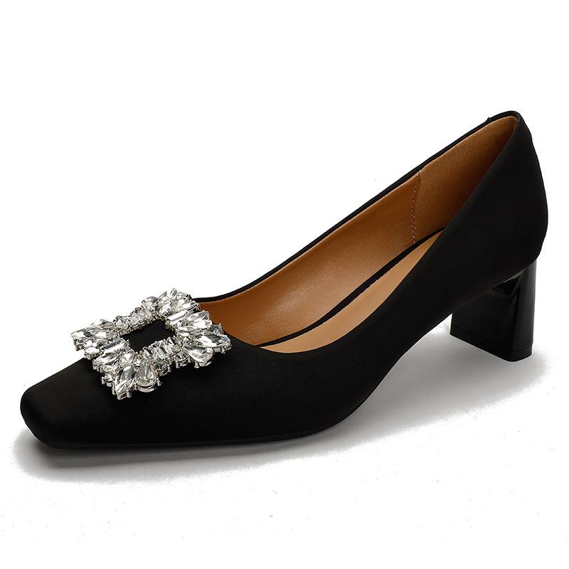 Square head high heels thick heel 2025 new spring and autumn mid-heel niche trendy shoes shallow mouth rhinestone square buckle French single shoes