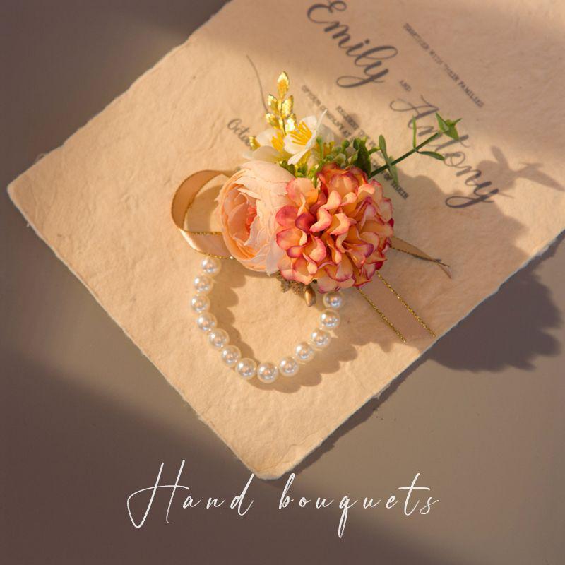 Vintage Forest Style Wedding Corsage & Boutonniere Set: Bride, Groom, Bridesmaid Pearl Wrist Corsage