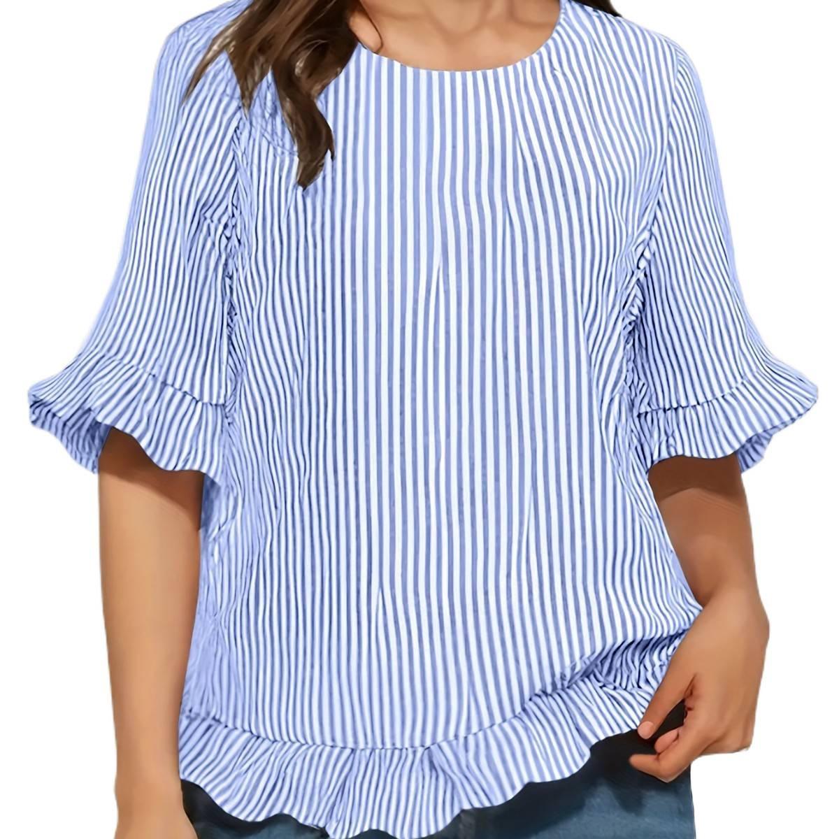 Women s Striped O-Neck Flounce Sleeve Loose Blouse S
