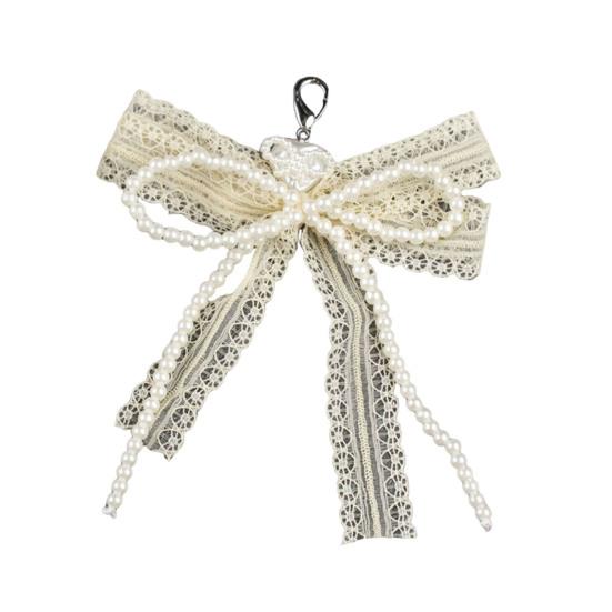 Lace Bow Shoe Charm for Sneakers Faux Pearls Beaded Bowknot Removable Bow Charm Accessory for Women Girls Shoes Bags Keychains