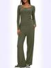 European & American Women's Solid Color Long-Sleeve Two-Piece Button Round Neck Pants Set