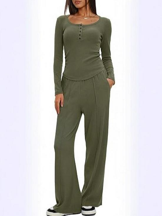 European & American Women's Solid Color Long-Sleeve Two-Piece Button Round Neck Pants Set