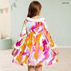 Girls Long Sleeve Furry Trim Printed A Line Flared Dress With Waist Bow