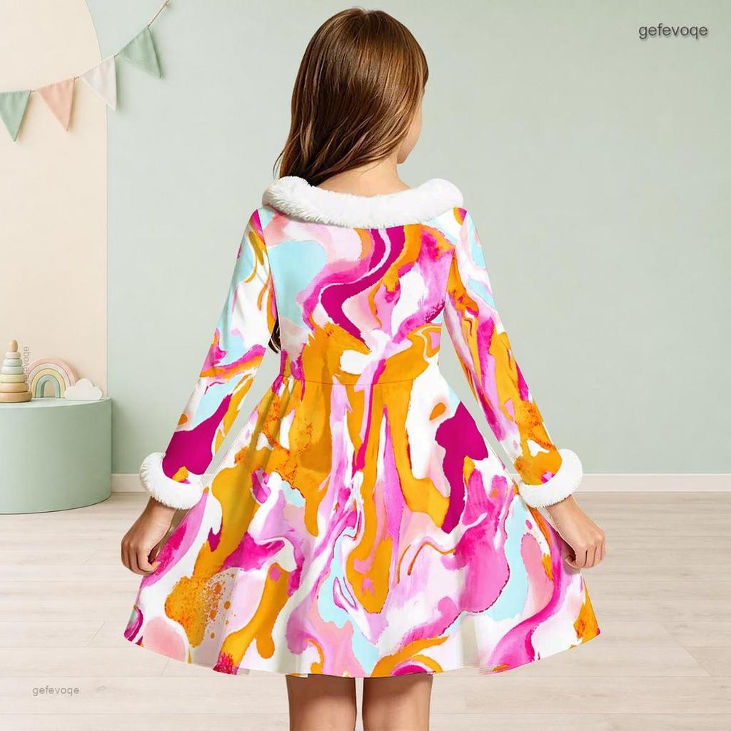 Girls Long Sleeve Furry Trim Printed A Line Flared Dress With Waist Bow