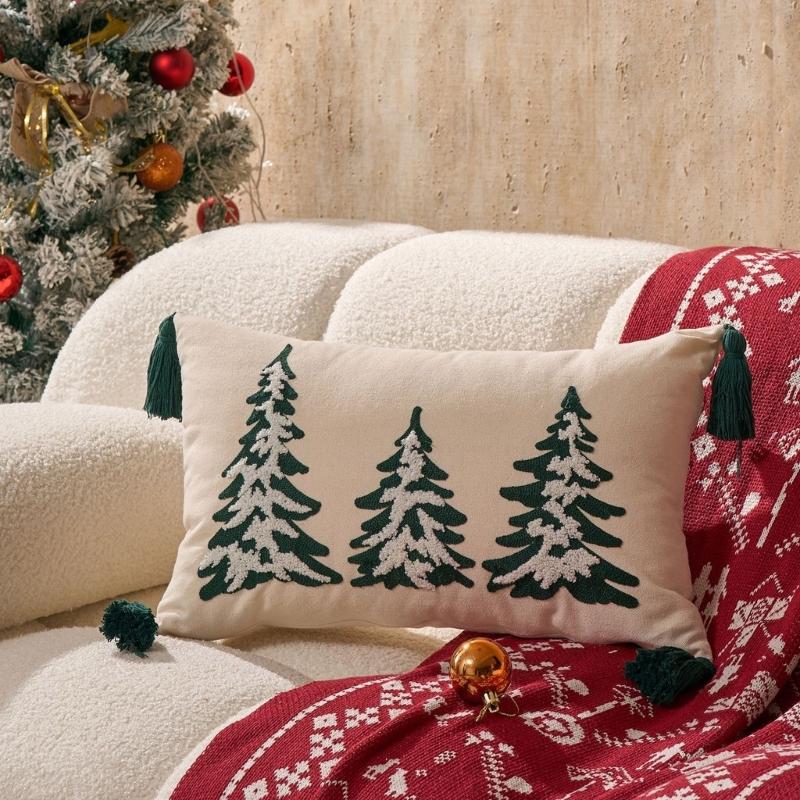 Towel Embroidery Holiday Pillowcase Christmas Tree Designs Breathable Cotton Linen Bedding Decoration