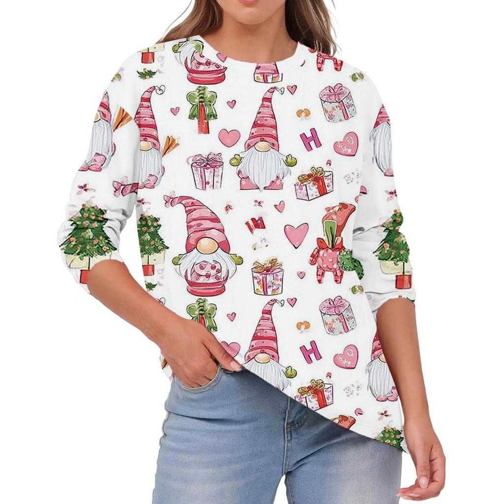 Damska Moda Casual Świąteczny Nadruk Okrągły Dekolt Jednolity Kolor Długi Rękaw Top