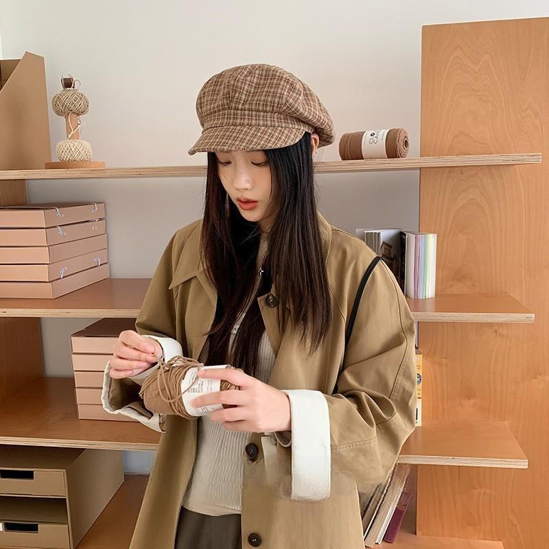 5 Early Autumn New Plaid Newsboy Hat Women's Big Head Circumference Shows the Small Beret Tide