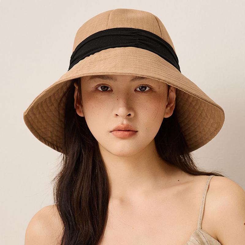 Cotton Linen Lightweight Breathable Fisherman Hat Women's Summer Color-Matching Pleated Sunshade Hat