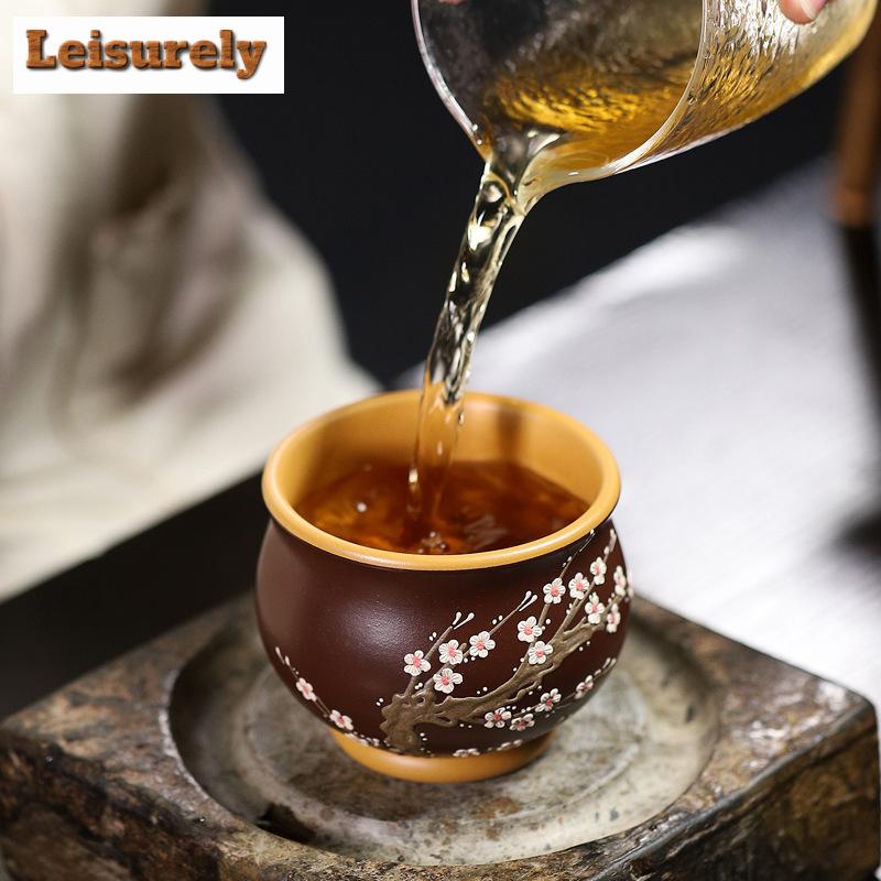 180ml Handmade Yixing Purple Clay Teacup Painted Plum Blossom Master Cup Personal Engraved Section Clay Tea Cup Zisha Teaware