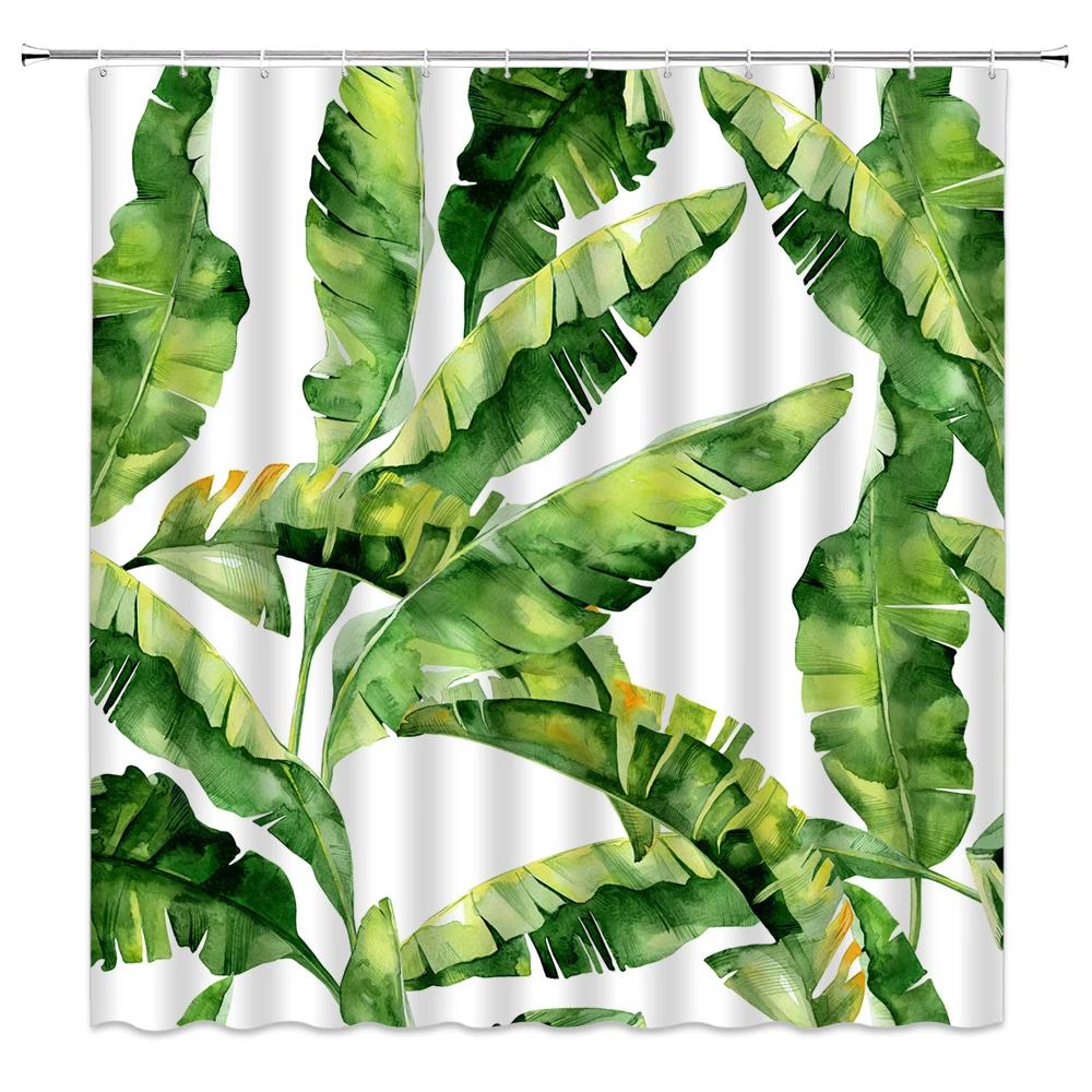 Green Tropical Plants Shower Curtain Bathroom Waterproof Polyester Shower Curtain Leaves Printing Curtains for Bathroom Shower