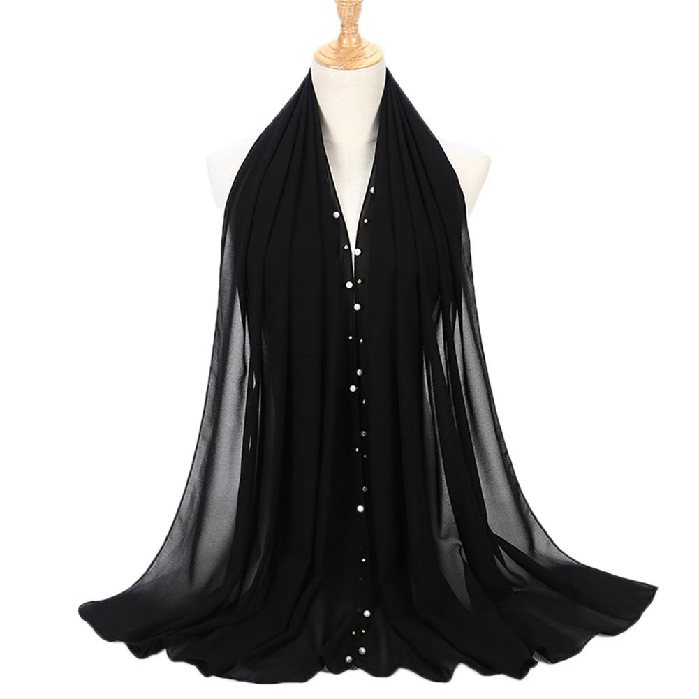 Women Solid Color Pearls Chiffon Scarf Muslim Lady Hood Headcloth