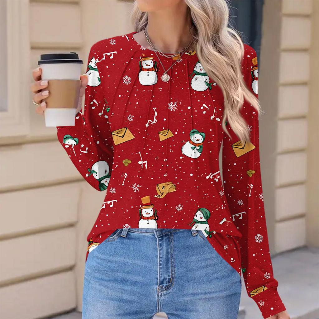 Women's Fashionable Casual Christmas Printed Pleated Comfortable Round Neck Loose Long Sleeve T-Shirt Top