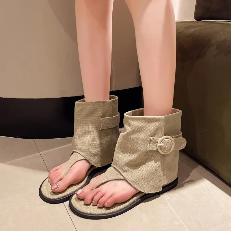 Fashion Retro Flip-toe Sandals Women 2025 Summer New French Loose Sleeve Flat Roman Shoes Fashion Short Bobbin Tube Cool Boots