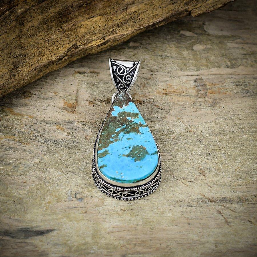 Tibetan Turquoise Gemstone 925 Sterling Silver Jewelry Pendant 2.09" M-36