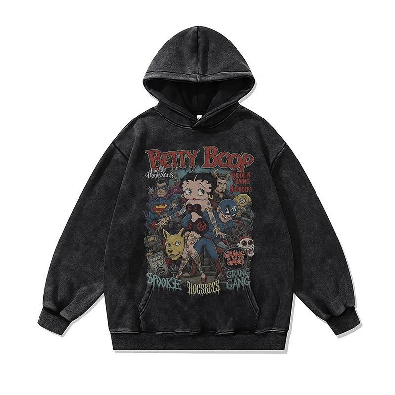 American Retro Cartoon Direct Injection Printing Hoodie Men And Women Autumn And Winter Oversize Washed Hooded Sweater