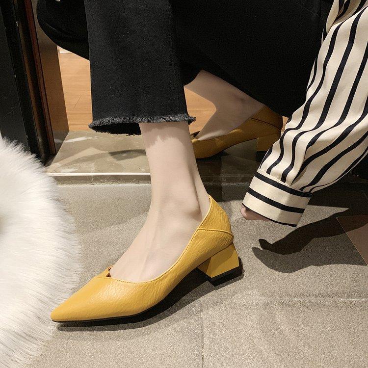 2025 autumn new pointed high heels women's daily artificial PU shallow mouth cuff thick heel single shoes women