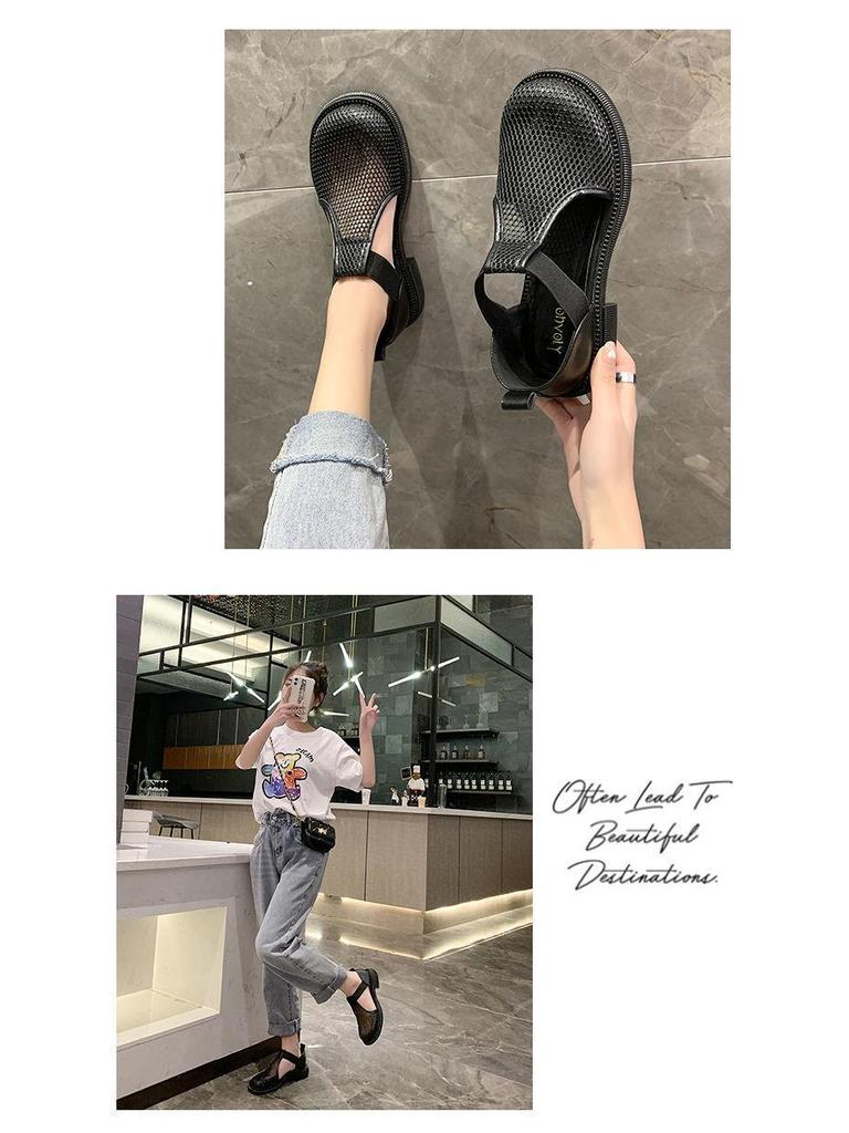 Women's 2024 Summer Mesh Closed-Toe Flat Sandals: Versatile Round-Toe Fishnet Mary Janes