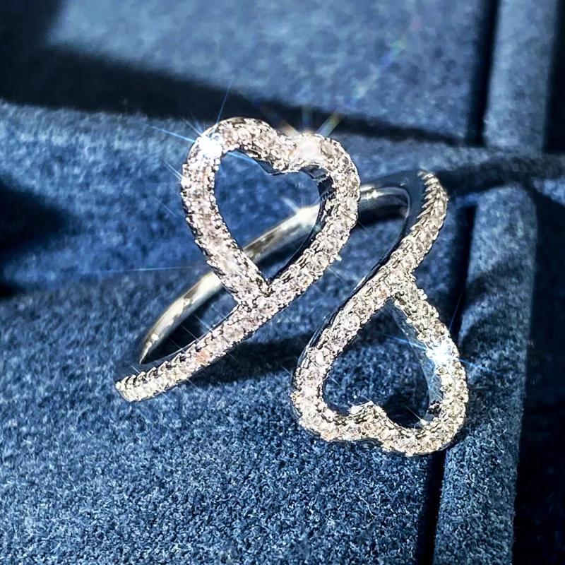 Huitan Exquisite Double Heart Opening Rings for Wedding Aesthetic Shiny Cubic Zirconia Accessories Women Graceful Party Zircon
