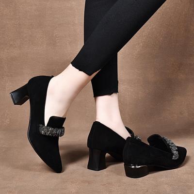 Pointed Women's Spring New Black Temperament Sheepskin Rhinestone Single Shoes Thick Heel High Heel Fashion Women's Shoes