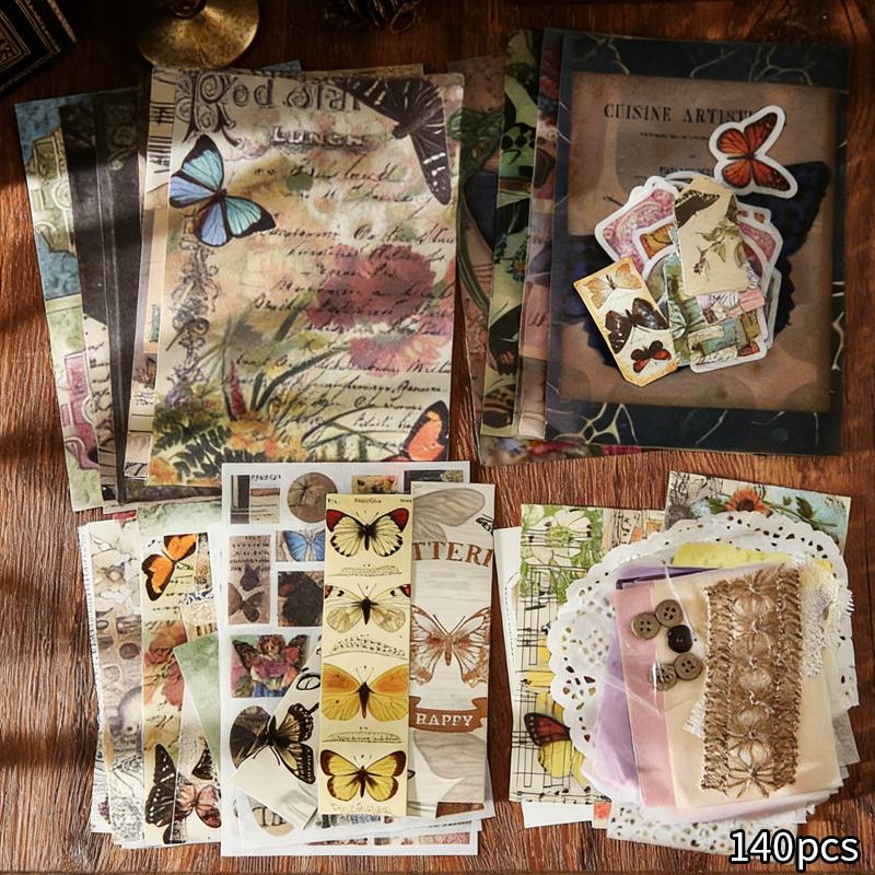

Vintage Scrapbook Stickers Set 140 Sheets Mixed Paper Material, Handmade Journal Supplies Perfect DIY Crafts and Bullet Journals