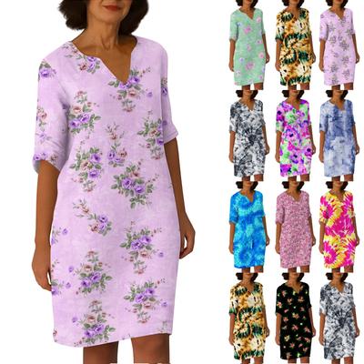 Dresses For Womens Vintage Print Tunic Waisted Midi Dress Summer Casual  Half Sleeve Dress