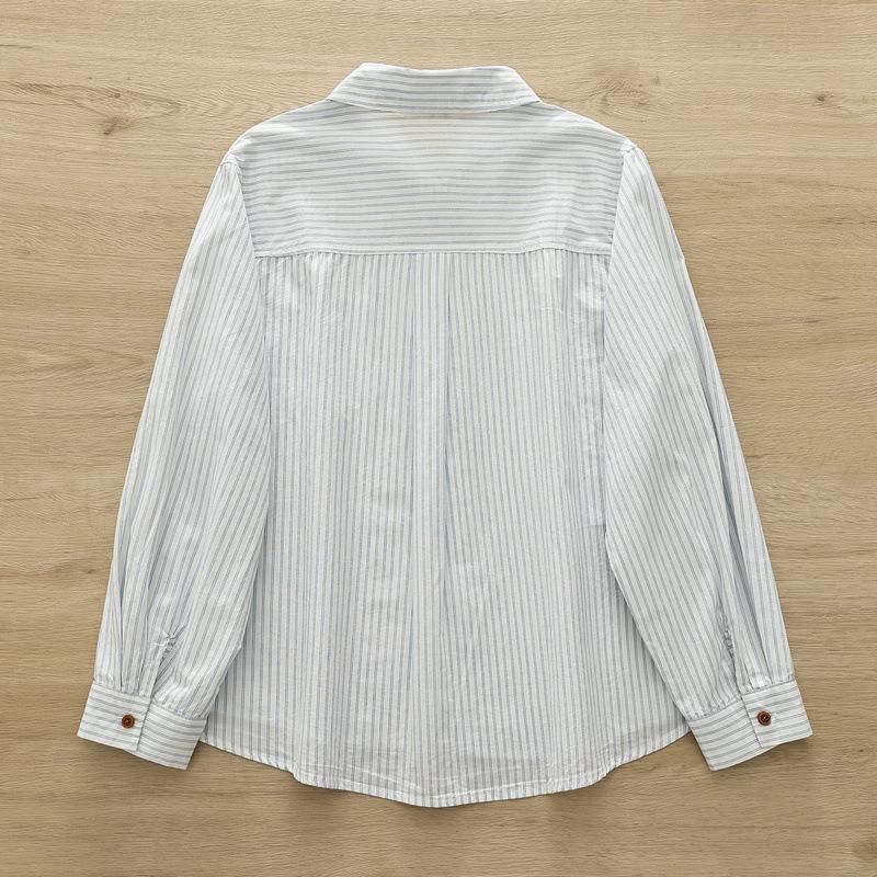 Autumn Women Striped Shirts Long Sleeve Pocket Embroidery Turn-Down Collar Office Lady Tops Loose Female Clothes