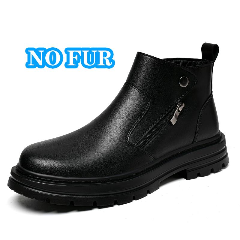Fashion Genuine Leather Mens Chelsea Boots Side Zipper Man Business Shoes Fashion Men Ankle Boots Winter Plush Snow Botas High Top Shoes