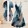Women Plus Size Colorful Printed Two Piece Set V Neck Strappy Flared Dress Short Sleeve Open Front Cardigan