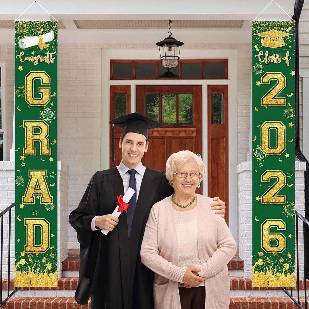 Green and Gold Graduation Decorations Class of 2026 Hanging Grad Banner - green Gold Congrats Grad Banner Porch Sign for Front Door, Graduate Door