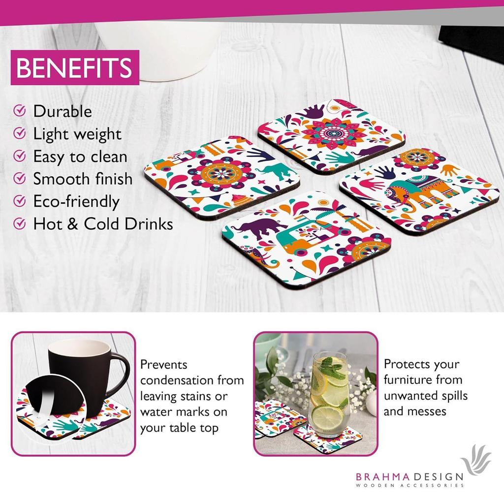Set mit Geschenkbox, indisches Design, 4er-Set quadratische Untersetzer für den Tisch, 9,5 x 9,5 cm, Küchentisch, Holz-Dekorationsartikel für Tassen, Becher, Dosen, Gläser