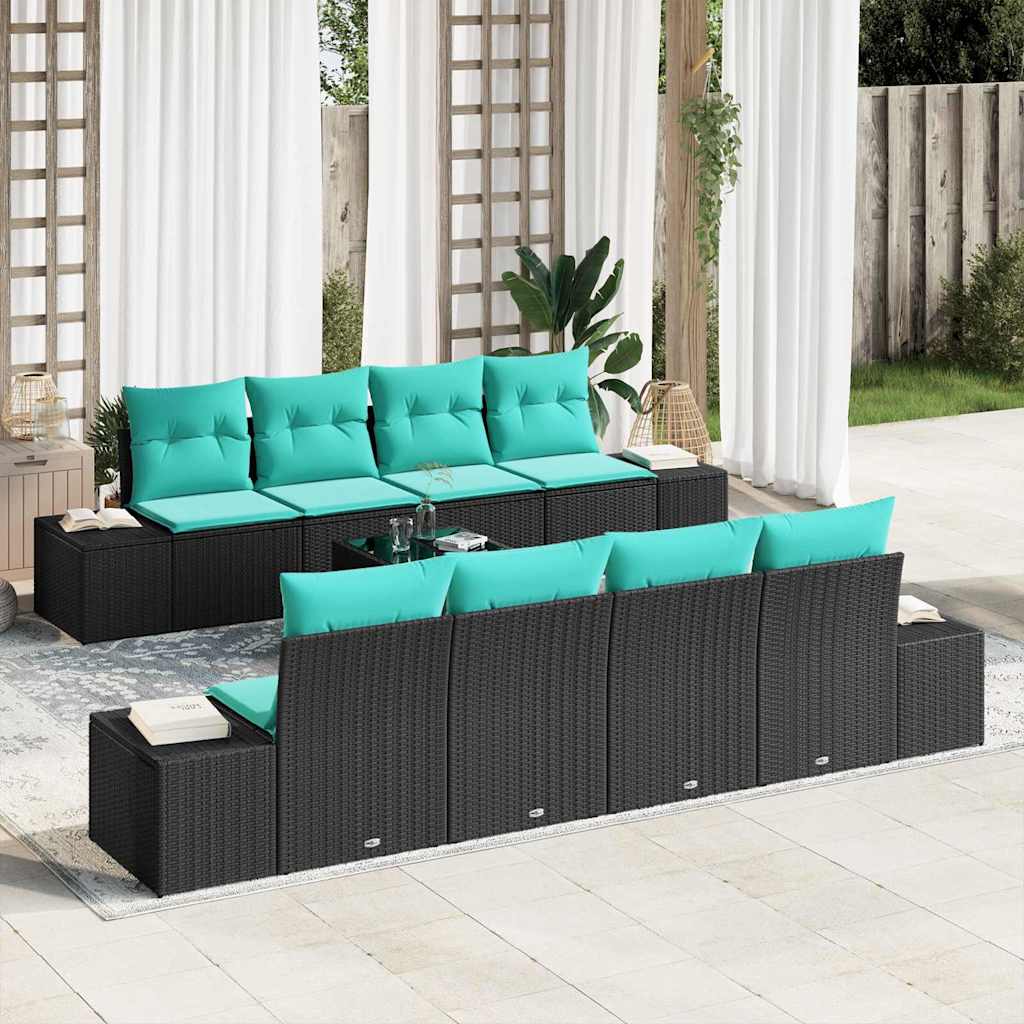 Garden Sofa Set 9 pcs Black and Turquoise Poly Rattan
