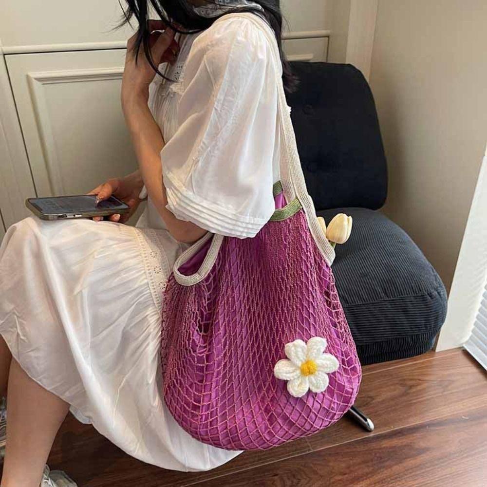 

Polyester Hollow Woven Shoulder Bag Large Capacity Summer Beach Tote Bags Fitness бежевий