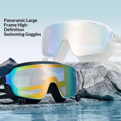 Large Frame Anti Fog Swim Goggles With Ear Plugs Panoramic Wide View Waterproof Swimming Glasses For Adults Pool Beach Water Spo