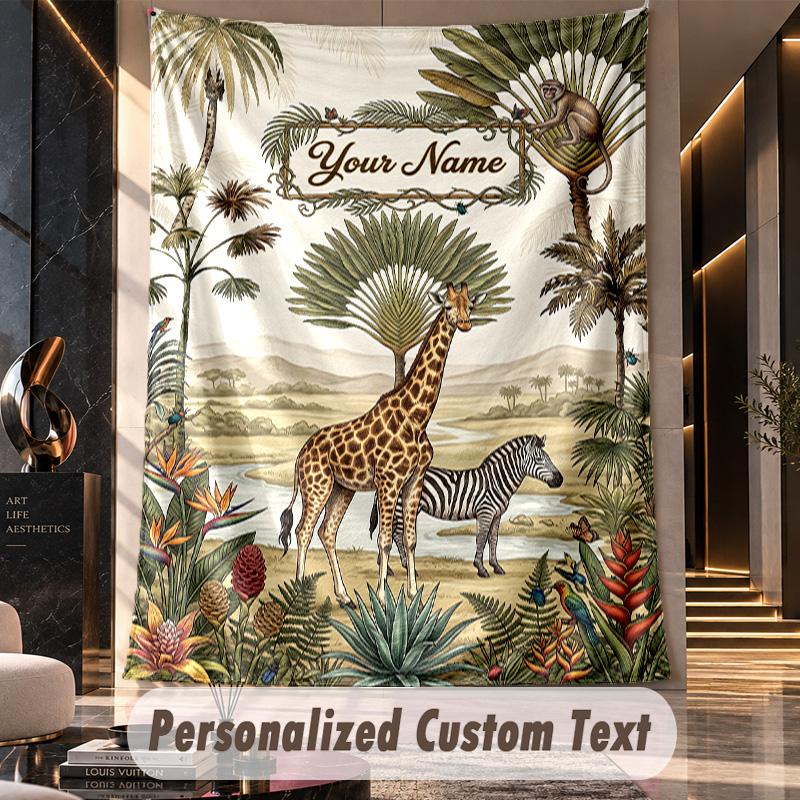 Jungle Safari Adventure Theme Wall Tapestry Customized With Name Text Personalized Hanging Tapestry For Bedroom Living Room Decor