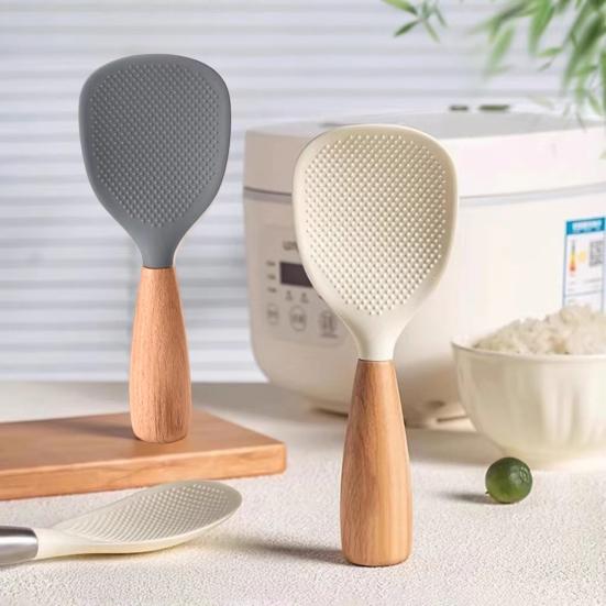Silicone Rice Spoon with Wooden Handle Heat Resistant Non-Stick Stand-Up Design Rice Spatula Food Grade Kitchen Utensil for Serving Rice Cereal &