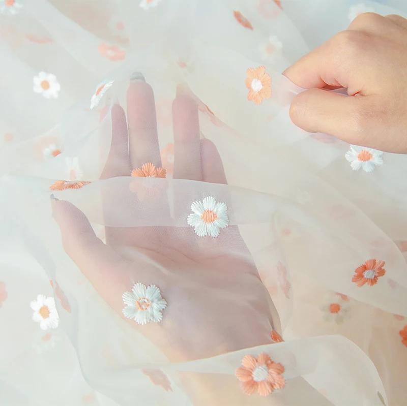 Small Flowers Embroidered Organza Fabric for Sewing Princess Dresses Headwear Stage Costumes Decorative Cloth DIY Fabrics