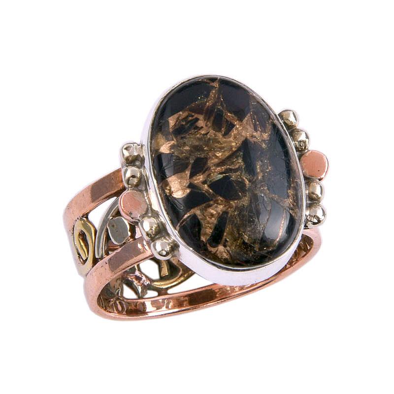 Natural Black Copper Turquoise TwoTone 925 Sterling Silver Jewelry Ring S.8 A2V36