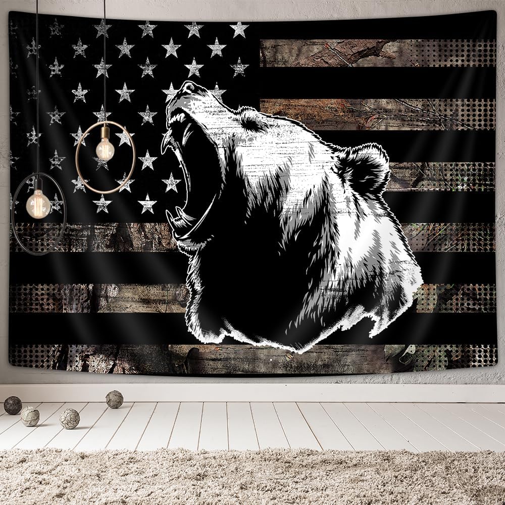 Land Amerikanische Flagge Bär Wandteppich Rustikal Jagd Camo Barsch Bär Schwarz und Weiß Wandteppich Wandbehang für Männer Schlafzimmer Hütte